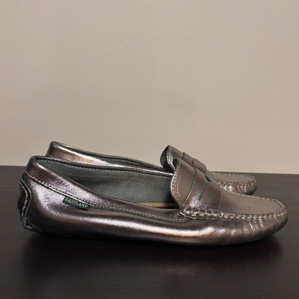 Eastland Patricia Metallic Pewter Leather Penny Driving Loafers Womens 9.5 M